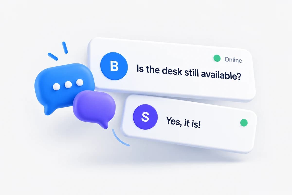A buyer asks whether a desk is available and an online seller replies in the conversation.