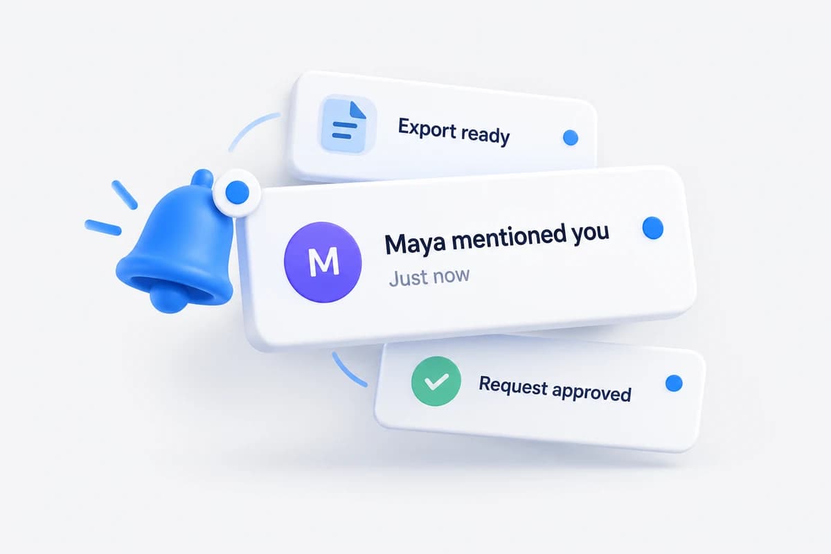 A notification from Maya arrives alongside an export update and an approved request.