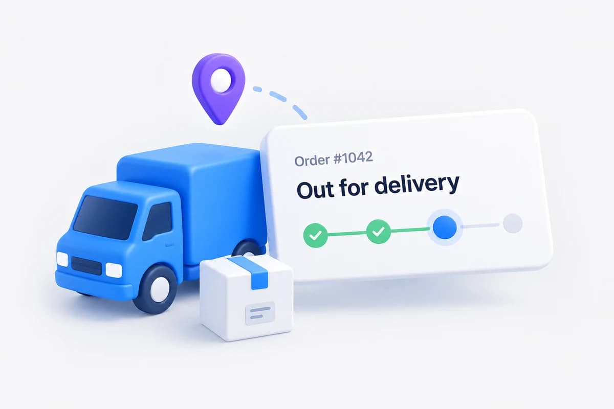 A delivery truck and parcel beside order 1042’s tracking card showing Out for delivery.